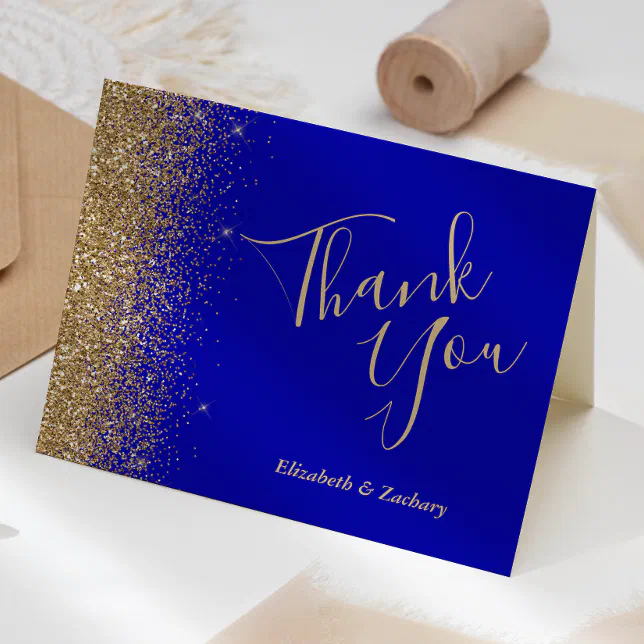 Gold Glitter Edge Royal Blue Wedding Thank You Card | Zazzle