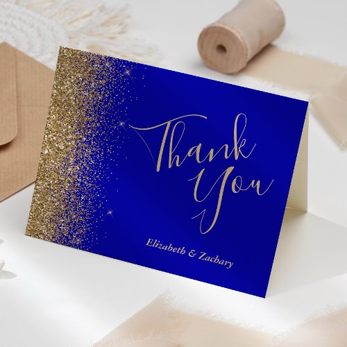Gold Glitter Edge Royal Blue Wedding Thank You Card