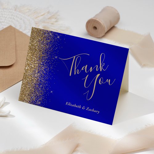 Gold Glitter Edge Royal Blue Wedding Thank You Card