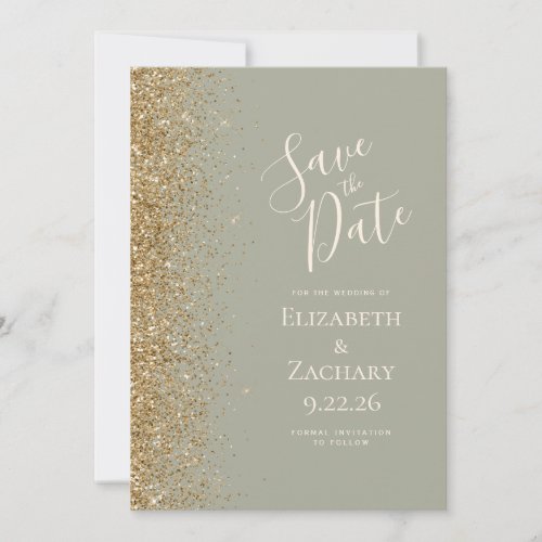 Gold Glitter Edge Sage Green Save the Date Announcement