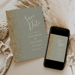 Gold Glitter Edge Sage Green Save the Date Announcement