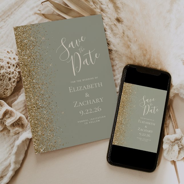 Gold Glitter Edge Sage Green Save the Date Announcement (Creator Uploaded)