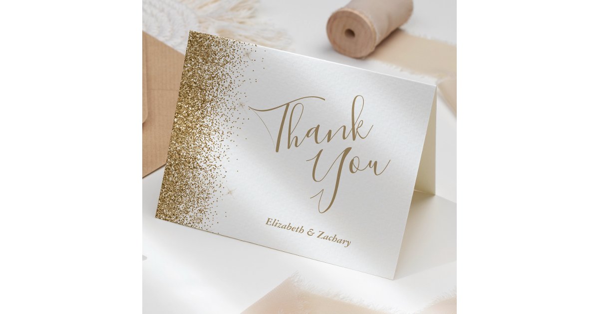 Gold Glitter Edge White Wedding Thank You Card | Zazzle