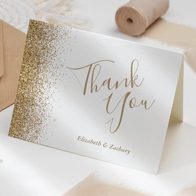 Gold Glitter Edge White Wedding Thank You Card | Zazzle