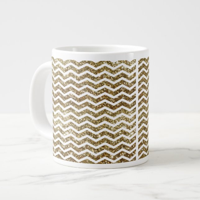 Gold Glitter Effect Elegant Chevron Zig-Zag Giant Coffee Mug (Front Left)