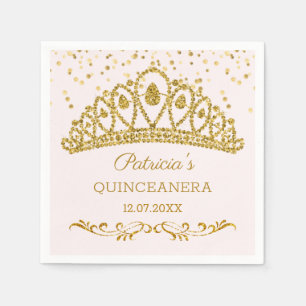 Gold glitter effect tiara, confetti Quinceanera Napkins