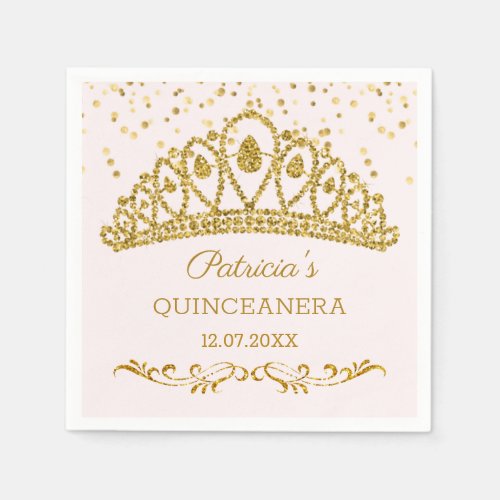Gold glitter effect tiara confetti Quinceanera Napkins