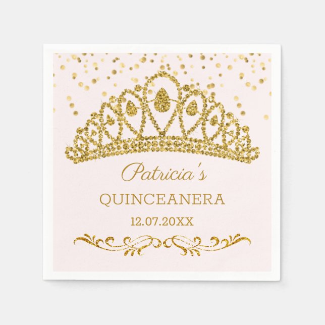Gold glitter effect tiara, confetti Quinceanera Napkins (Front)