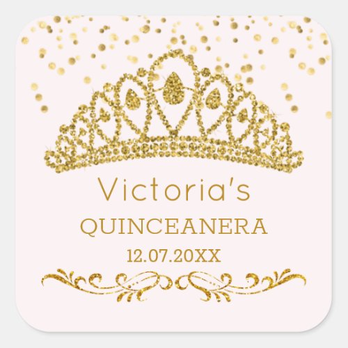 Gold glitter effect tiara  confetti Quinceanera Square Sticker