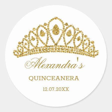 Gold Glitter Effect Tiara Quinceanera Classic Round Sticker