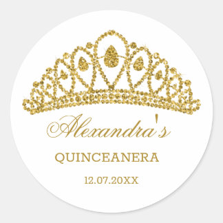 Gold glitter effect tiara Quinceanera Classic Round Sticker