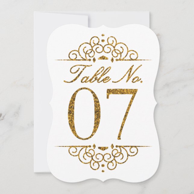 Gold Glitter Effect Wedding Table Number Card (07) (Front)