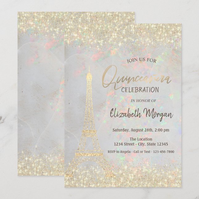Gold Glitter Eiffel Confetti Opal Quinceañera  Invitation (Front/Back)