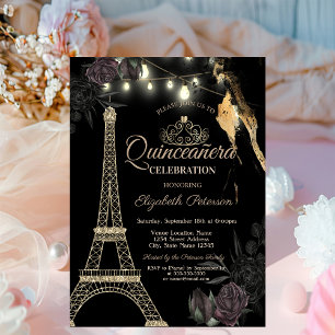 Gold Glitter Eiffel Tower Black Roses Quinceañera Invitation