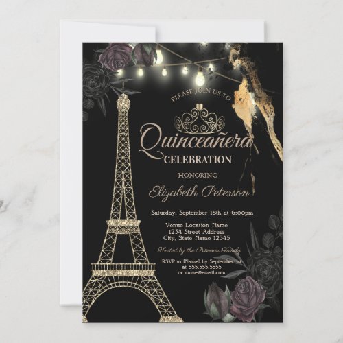 Gold Glitter Eiffel Tower Black Roses Quinceaera Invitation