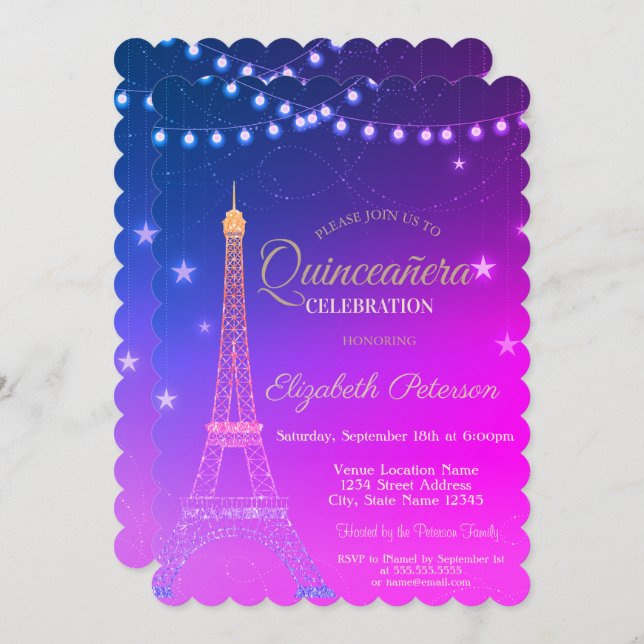 Gold Glitter Eiffel Tower,Burgundy  Quinceañera In Invitation (Front/Back)