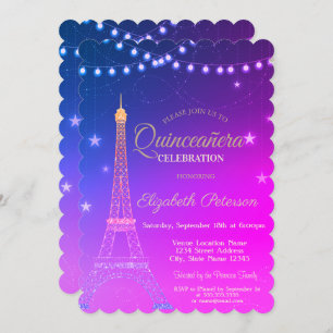 Gold Glitter Eiffel Tower,Burgundy  Quinceañera In Invitation