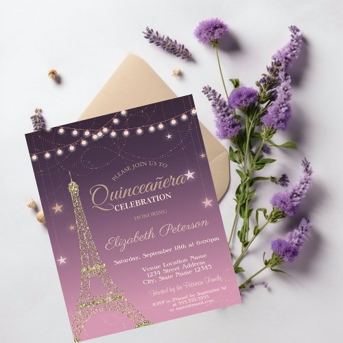 Gold Glitter Eiffel TowerBurgundy  Quinceaera Invitation