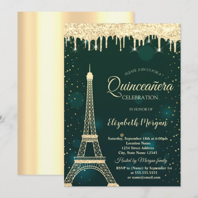 Gold Glitter Eiffel Tower,Drips Green Quinceañera  Invitation (Front/Back)