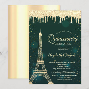 Gold Glitter Eiffel Tower,Drips Green Quinceañera  Invitation