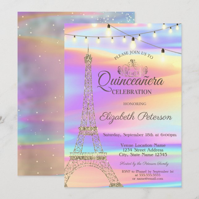 Gold Glitter Eiffel Tower Holographic Quinceañera Invitation (Front/Back)