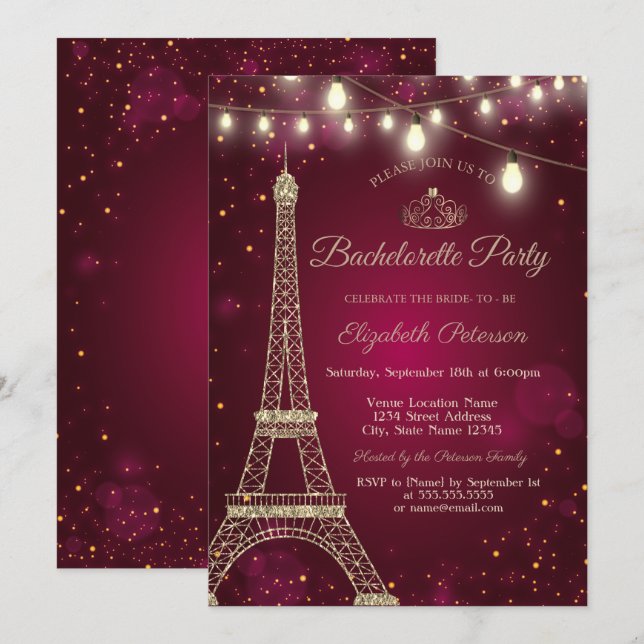 Gold Glitter Eiffel Tower,Tiara Bachelorette Party Invitation (Front/Back)