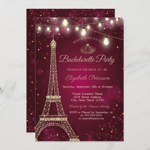 Gold Glitter Eiffel TowerTiara Bachelorette Party Invitation
