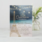 Gold Glitter Eiffel Tower,Tiara Beach Quinceañera Invitation (Standing Front)