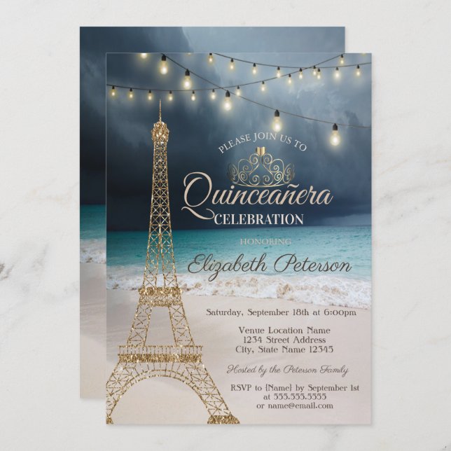 Gold Glitter Eiffel Tower,Tiara Beach Quinceañera Invitation (Front/Back)