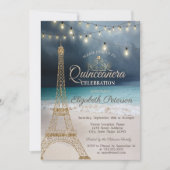 Gold Glitter Eiffel Tower,Tiara Beach Quinceañera Invitation (Front)