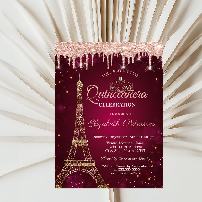 Gold Glitter Eiffel Tower Tiara Drips Quinceañera Invitation (Creator Uploaded)