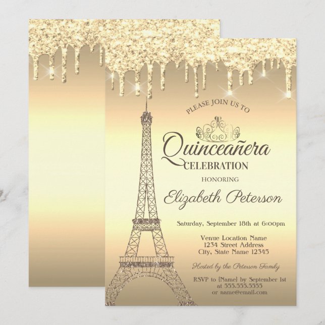 Gold Glitter Eiffel Tower,Tiara,Drips Quinceañera  Invitation (Front/Back)