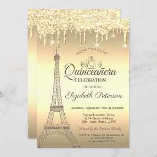 Gold Glitter Eiffel Tower,Tiara,Drips Quinceañera Invitation
