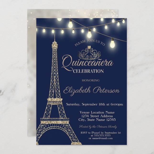 Gold Glitter Eiffel Tower,Tiara Quinceañera Invitation (Front/Back)