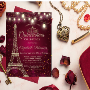 Gold Glitter Eiffel Tower,Tiara Red Quinceañera Invitation