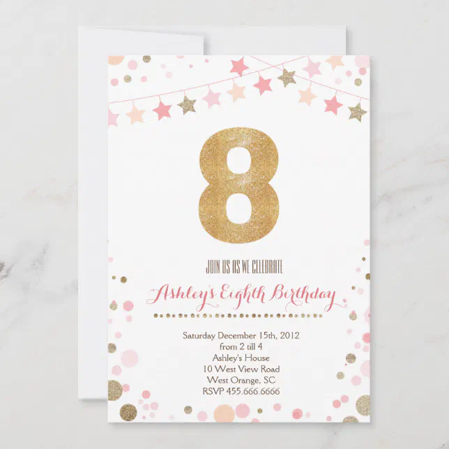 Gold Glitter Eighth Birthday Invitation Zazzle