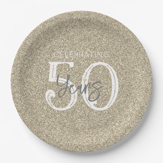 Gold Glitter Elegant 50 Years Golden Anniversary Paper Plates (Front)