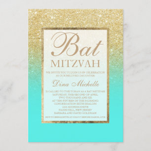 Gold glitter elegant aqua teal chic Bat Mitzvah Invitation