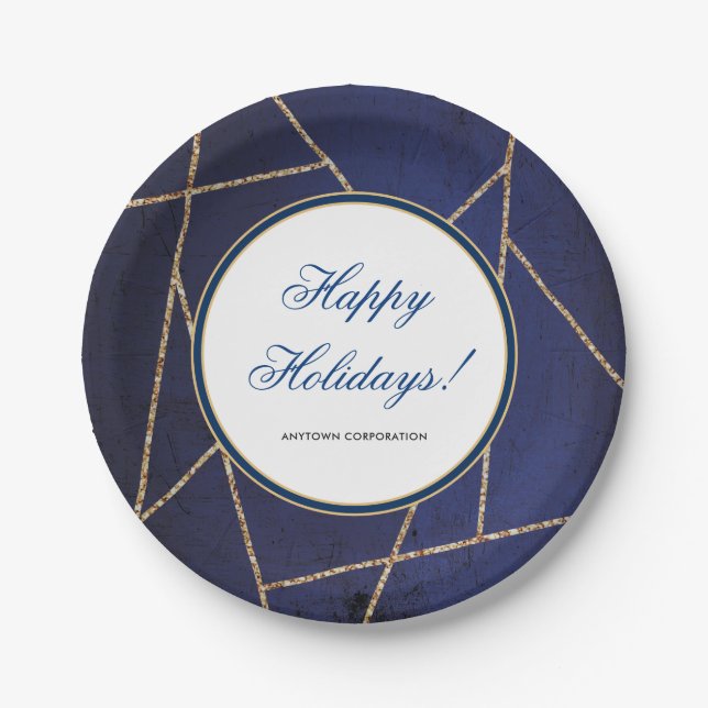 Gold Glitter Elegant Dark Blue Christmas Paper Plates (Front)
