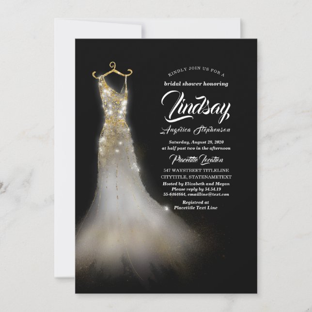 Gold Glitter Elegant Dress Black Bridal shower Invitation (Front)