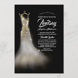 Gold Glitter Elegant Dress Black Bridal shower Invitation