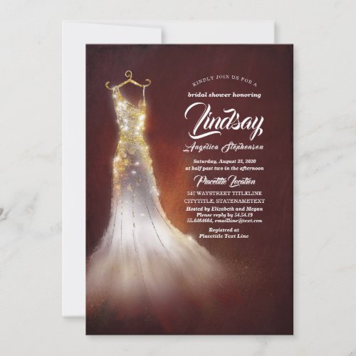 Gold Glitter Elegant Dress Burgundy Bridal shower Invitation