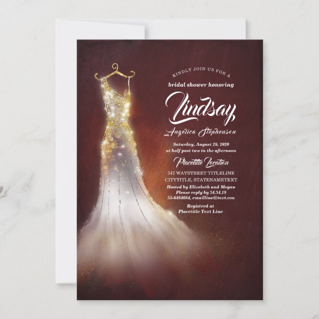 Gold Glitter Elegant Dress Burgundy Bridal shower Invitation (Front)