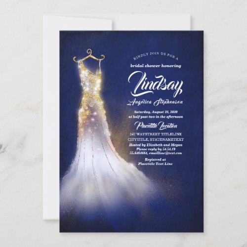 Gold Glitter Elegant Dress Navy Blue Bridal shower Invitation