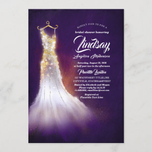 Gold Glitter Elegant Dress Purple Bridal shower Invitation