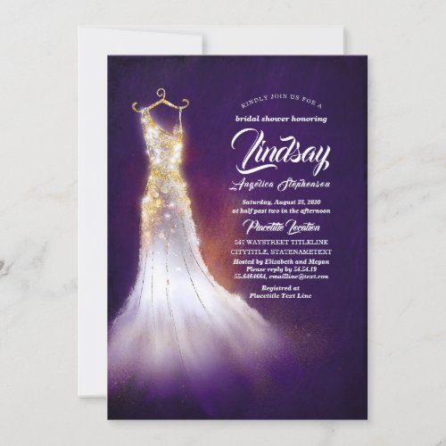 Gold Glitter Elegant Dress Purple Bridal shower Invitation