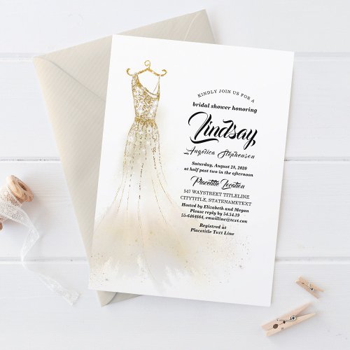 Gold Glitter Elegant Dress White Bridal shower Invitation