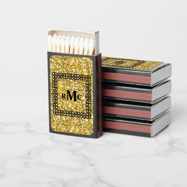 Gold Glitter Elegant Modern Bold Monogram Matchboxes (Stacked)