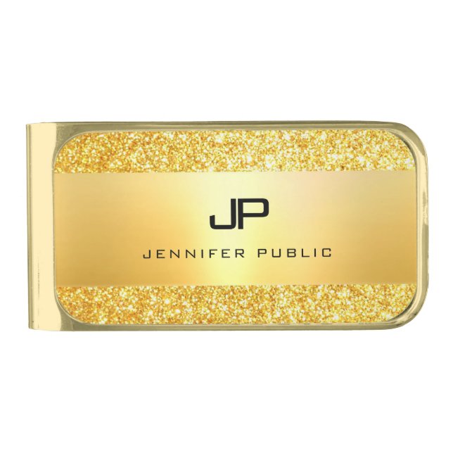 Gold Glitter Elegant Monogram Modern Template Finish Money Clip (Front)