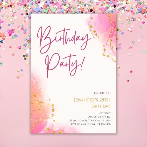 Gold Glitter Elegant Pink 25th Birthday Party Invitation